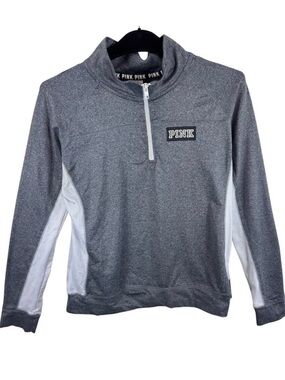 PINK Victoria's Secret Gray White Mock Neck 1/4 Zip Long Sleeve Pullover Size L